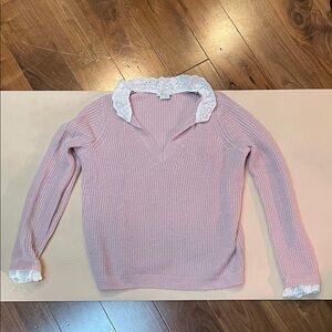 Boden Pink V-Neck Sweater with Lace Trim EUC size 6